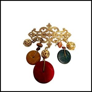 Vintage Gold Tone Filigree Fleur De Lis Dangle Brooch Red Green Yellow Beads